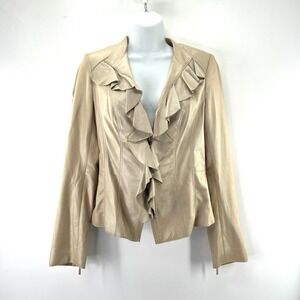 White House Black Market Leather Jacket XS Y2K Ruffle Boho Coquette Oatmeal